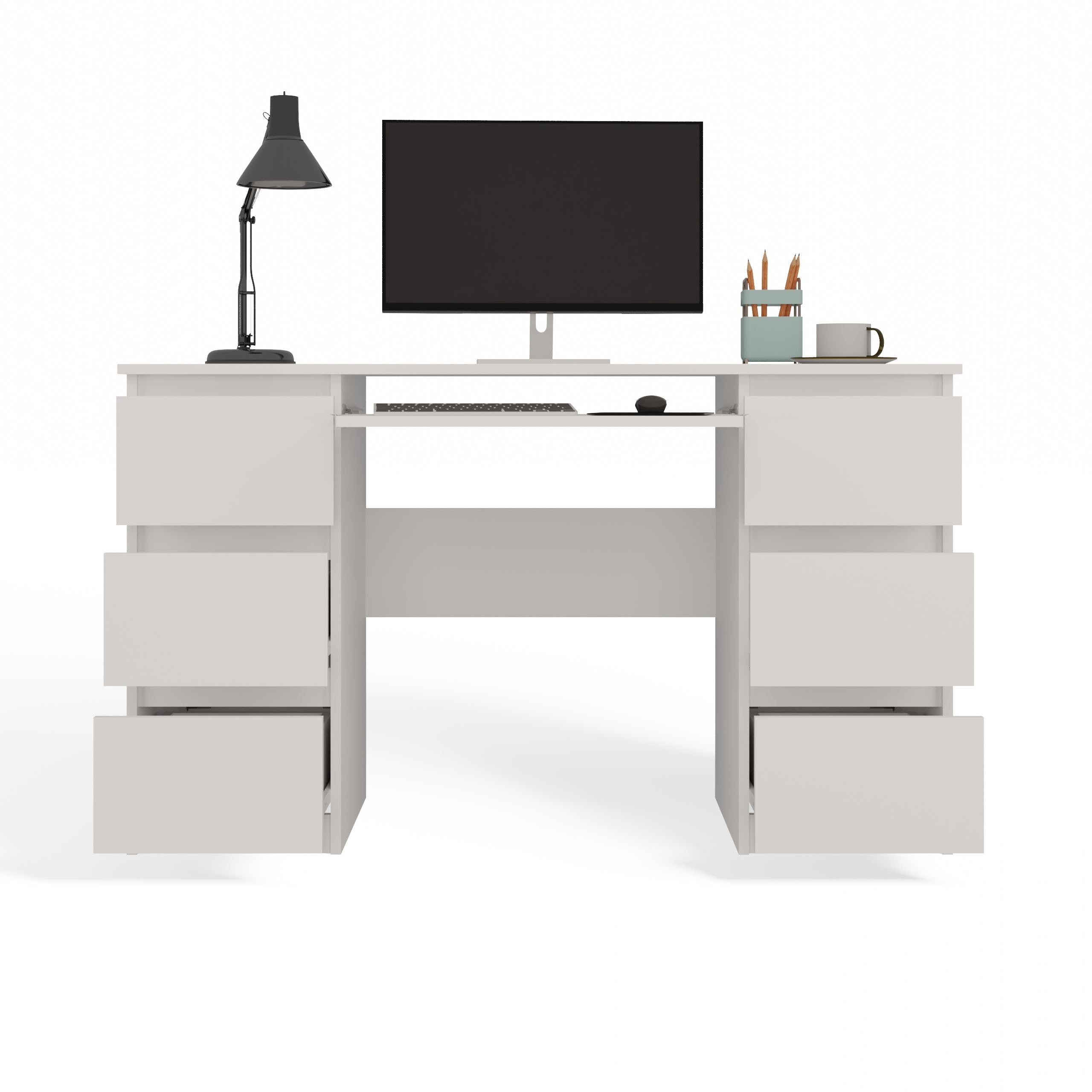 CDF Bureau avec Rangement 130x51x76 cm - Blanc Mat - 3 Tiroirs et Étagères