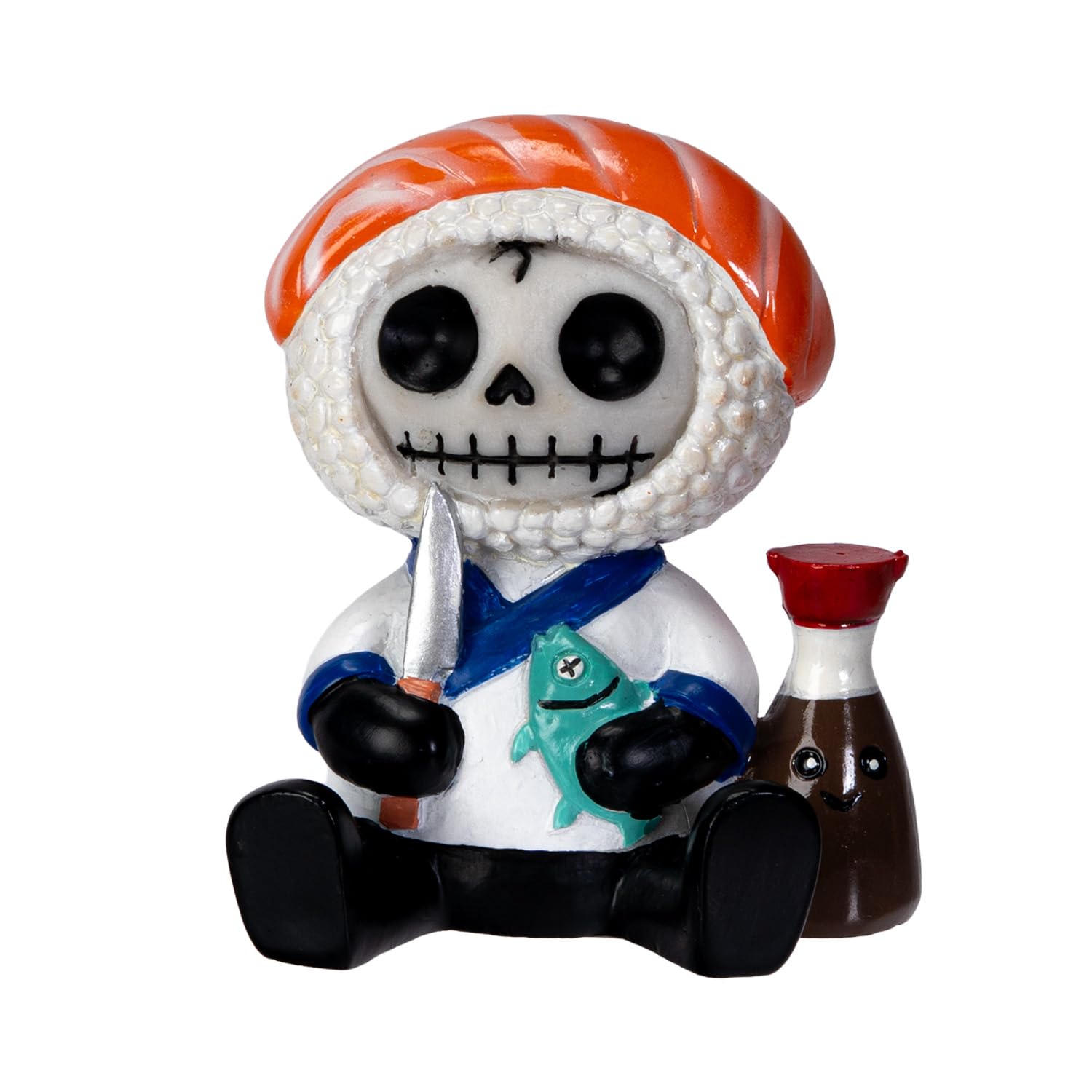 Furrybones Multicolor Summit Collection Gifts Sake Sushi Chef Skeleton Figurine, Orange And White Decorative Statue With Soy Sauce Bottle, Halloween Kitchen Resin Collectible Decor 3.25" H