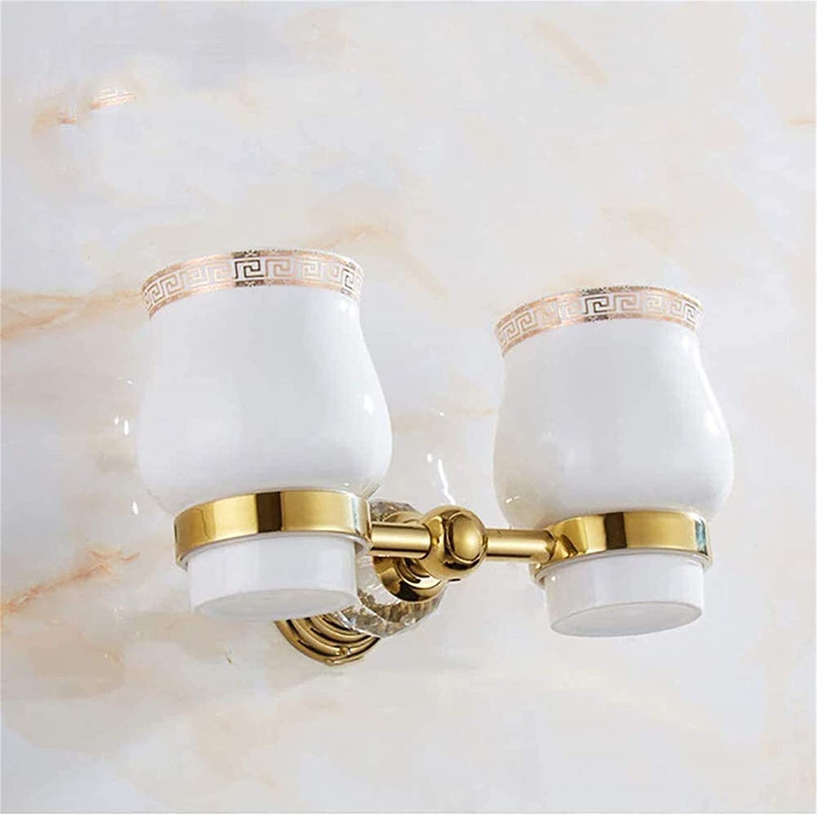 Juego de portavasos doble para cepillo de dientes, portavasos para cepillo de dientes de montaje en pared, accesorios de baño dorados, decoración con 2 tazas de cerámica de cristal, accesorios de bañ