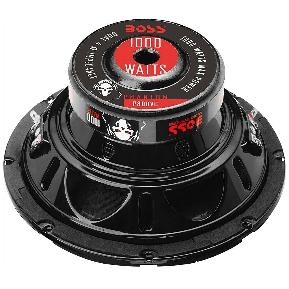 KIT SET PER BOSS AUDIO SYSTEMS P80DVC 1 subwoofer da 20 cm 200 mm 8", doppia bobina 4+4 ohm, 500 watt rms 1000 watt max, 88 db sp,l per cofano, bagagliaio, auto, 1 pezzo