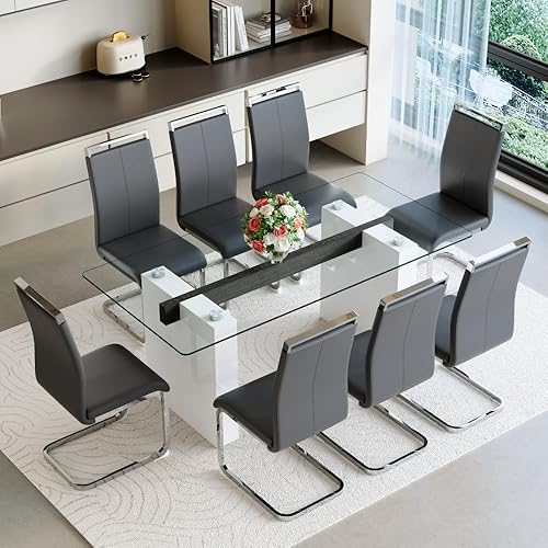 Miniatura 12 de FURNITO Juego de mesa de comedor de cristal para 6, mesa de cocina moderna y sillas para mesa de comedor de vidrio de 6.71 pulgadas con 6 sillas de