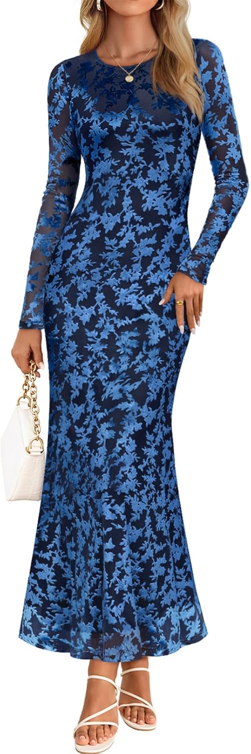 MEROKEETY Women's Fall Cocktail Formal Wedding Guest Dress Long Sleeve Maxi Bodycon Floral Mesh Winter Party Dresses