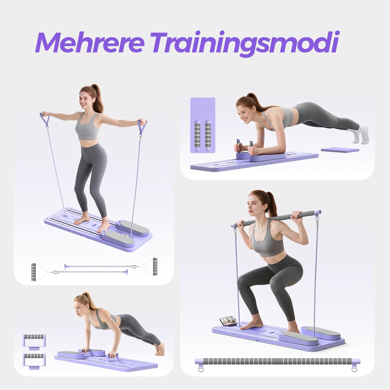 Pilates Board Für Zuhause(inkl. 5er-Set Widerstandsbänder) Faltbares Multifunktionales Reformer Board, Extra Stabile Konstruktion Mit Automatischem Rückprall, für Kern- und Bauchmuskeltraining