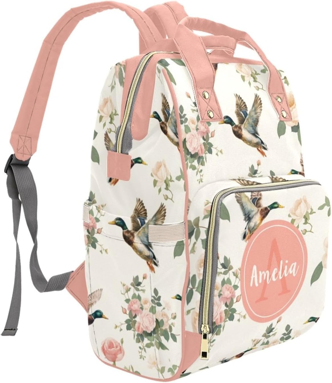 Personalized Mallard Diaper Bag for Baby Girls, Custom Name Diaper Backpack for Mom, Customized Women Wild Duck Backpack Daypack, Shoulder Bag for Mommy Travel Hiking Camping