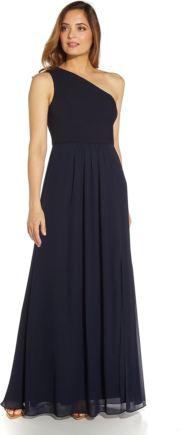 Adrianna Papell Women's One Shoulder Chiffon Gown | Long Evening Gown with Pleated Skirt, Fitted Bodice & Side Leg Slit, Midnight 6 - Image 3