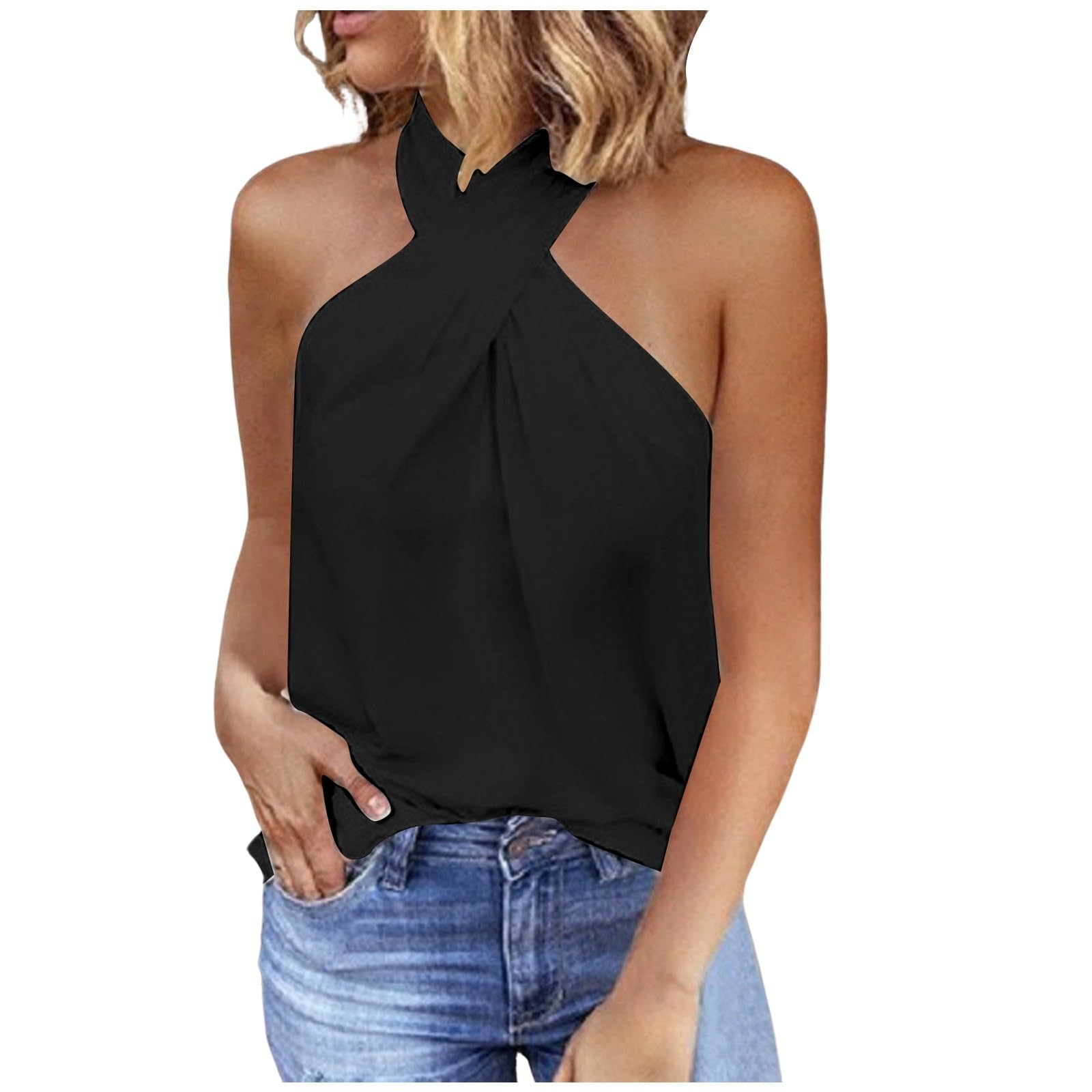 T-shirt e canotte da donna, estive, con allacciatura al collo, top da spiaggia, senza maniche, elegante, casual, sexy, basic, schiena scoperta, tinta unita