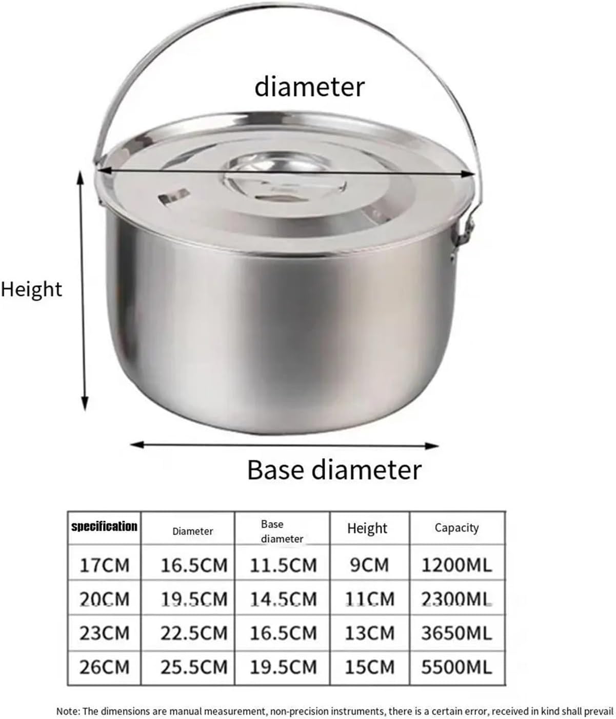 Compatible for Stainless Steel Outdoor Camping Pot with Handle and Lid 17-26cm Hanging Cookware