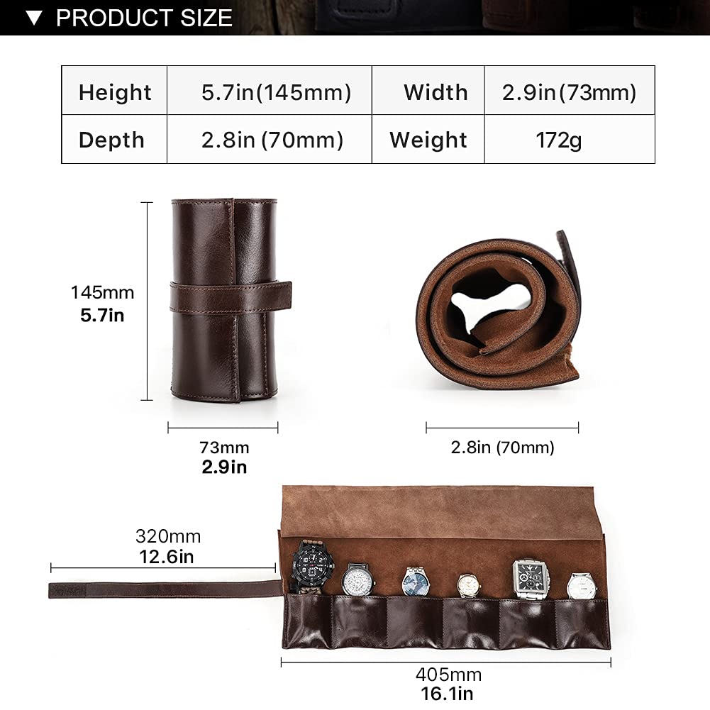 Hiram Estuche de viaje de cuero real para reloj, caja de almacenamiento de reloj de viaje hecha a mano, organizador de joyería portátil, 6 relojes