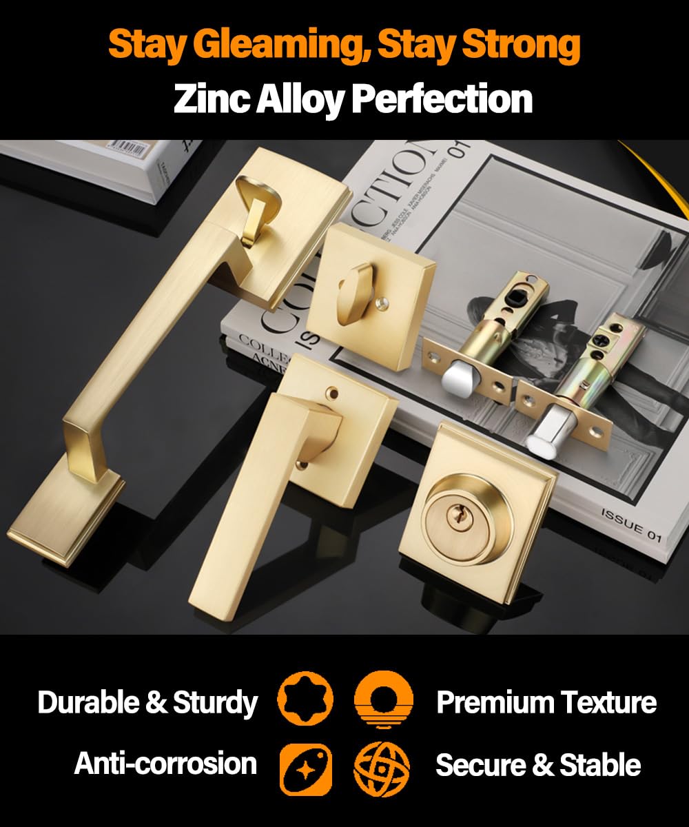Dearstar Front Door Handleset With Lock - Matte Gold Adjustable Entry Handle & Deadbolt Set