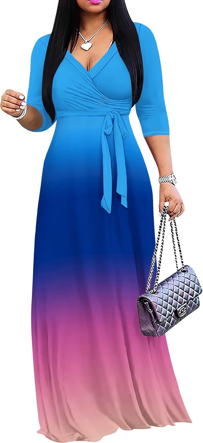 PinkPatty Women's Gradient Maxi Dress 3/4 Sleeves V Neck Cocktail Party Dress Belted Wrap Dresses Small Gradient23