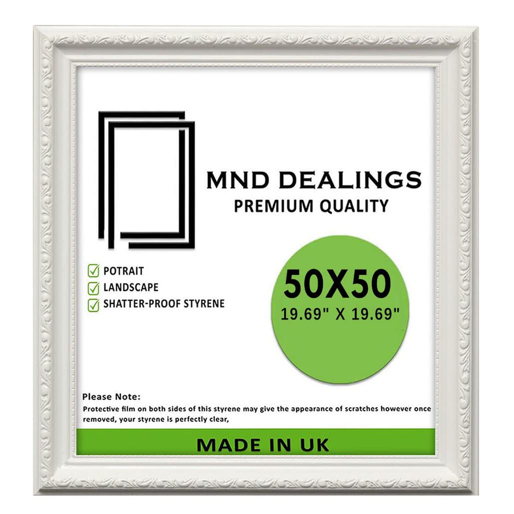 Mnd Dealings White Ornate Shabby Chic 50X50 Cm Picture/Photo/Poster Frame - Antique Vintage Style – Shatterproof Styrene Mdf Backboard | Gift Painting Wall Art Gallery Decor (White)