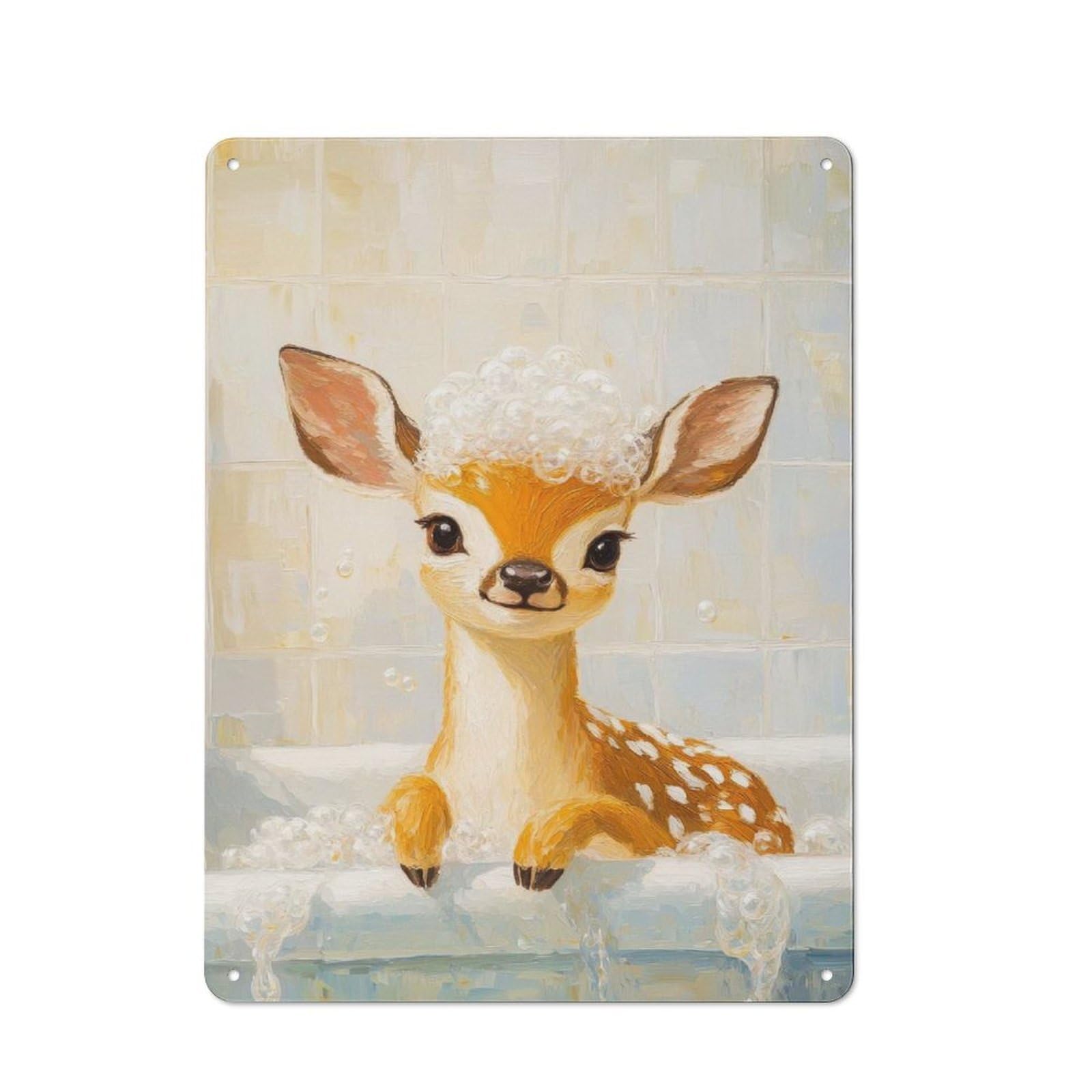 Junmoney Fawn In A Bubble Bath Metal Wall Sign 40X30cm, Retro Decor For Home Bar Wall, For Metal Sign Collectors, For Garage And Workshop Walls
