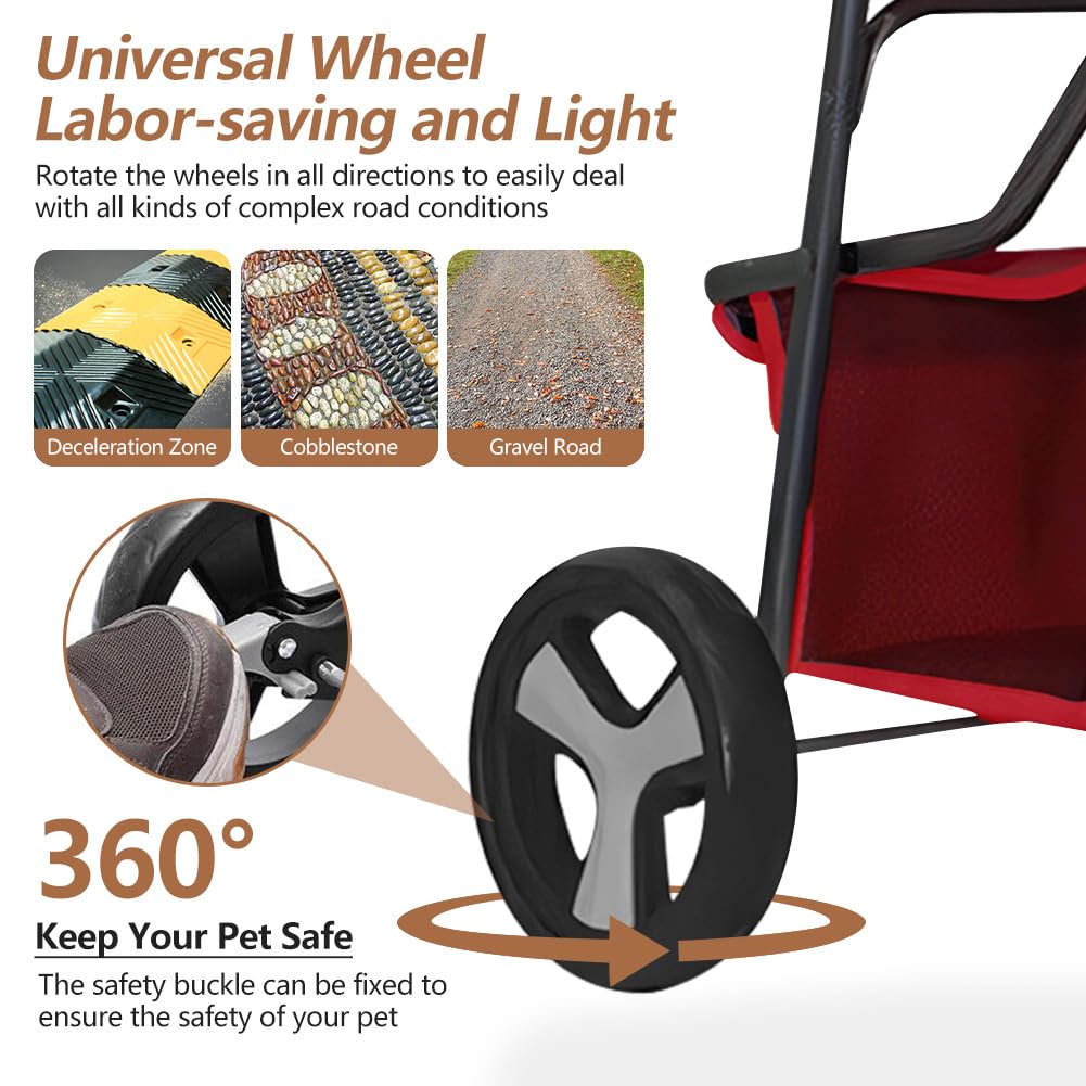 4-Wheel Foldable Pet Stroller for Dogs & Cats - Lightweight Travel Carrier with Cup Holder, Storage Basket & Smooth Ride - Perfect for Walks, Vet Visits (Red, 4 Wheels)