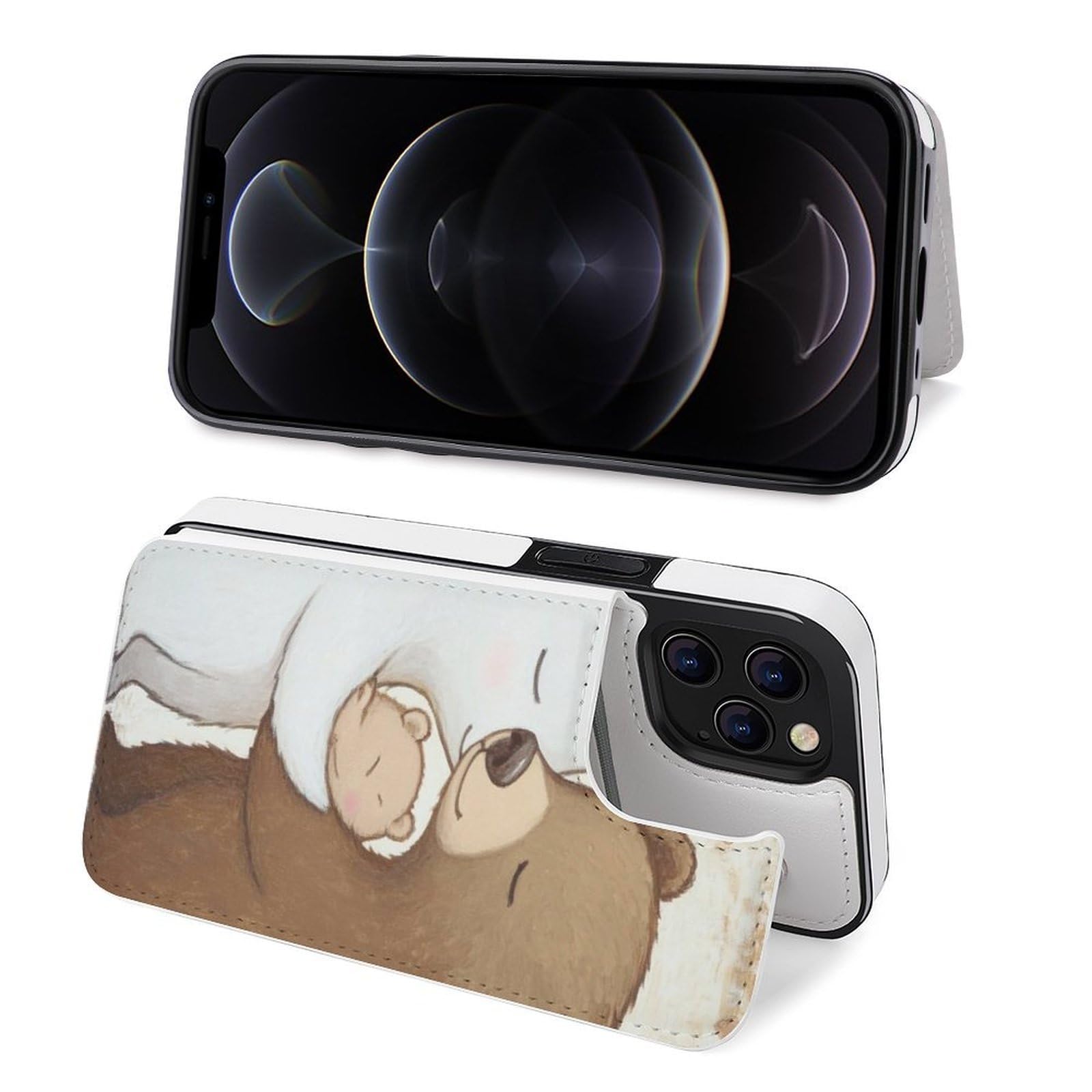 Fundas tipo cartera para iPhone 12 Pro Max, diseño de oso blanco, funda de piel con ranuras para tarjetas
