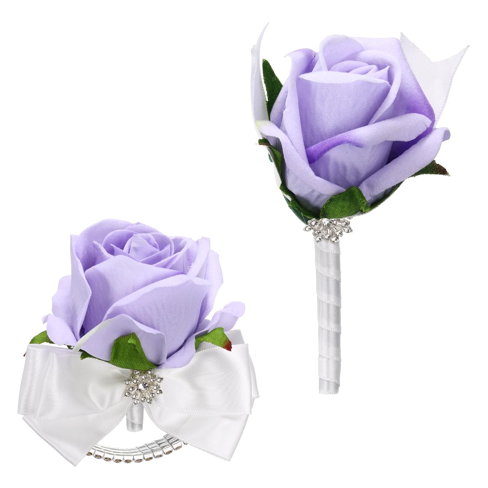 sourcing map 2Pcs Rose Wrist Corsage Boutonnieres Set, Artificial Wrist Corsages Men Boutonnieres with White Satin Ribbon Rhinestone Decor for Prom Wedding Party, Light Purple