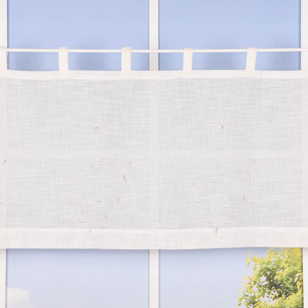 SCHÖNER LEBEN. Rideau brise-bise bio en coton bio avec broderie feuilletée - Structure en lin - Blanc laineux - Gris - 150 x 50 cm