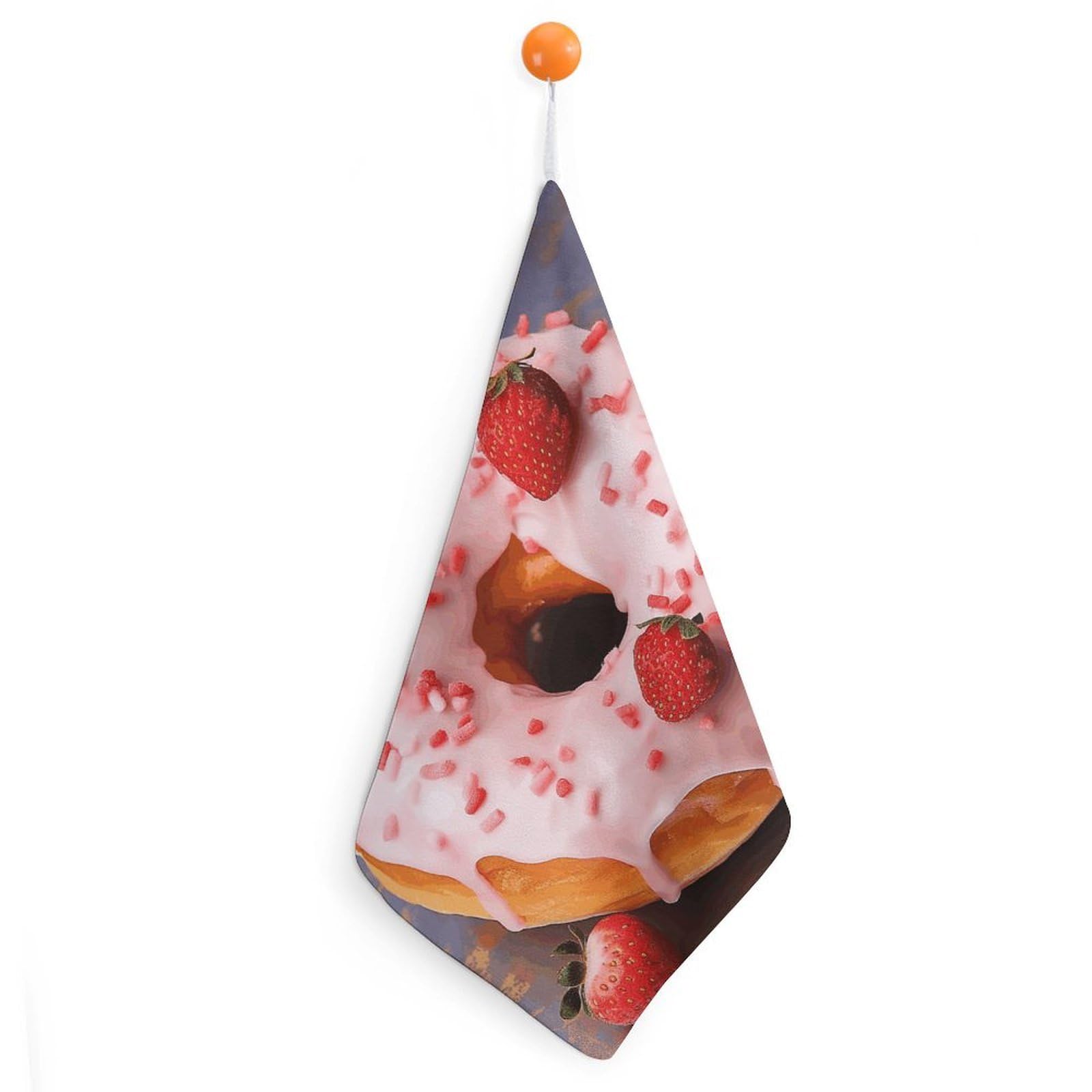 QMNLKH Strawberry Donut Hand Towels for Kitchen, Quick Dry Hanging Hand Towels with Loops, Absorbent Hand Towel for Bathroom, Square Soft Microfiber Towels for Gym, 11.8inch 1PCS
