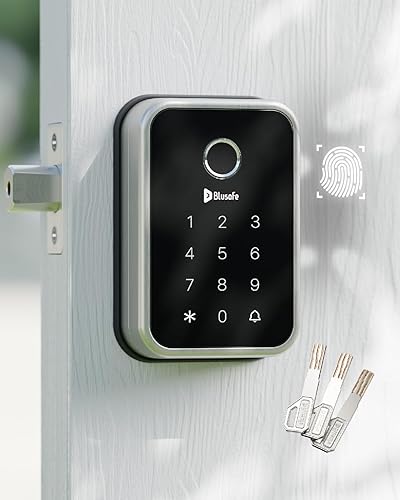 Smart Lock Cerradura de huella digital para puerta de entrada, 4 en 1, cerradura inteligente (níquel cepillado en la nube)
