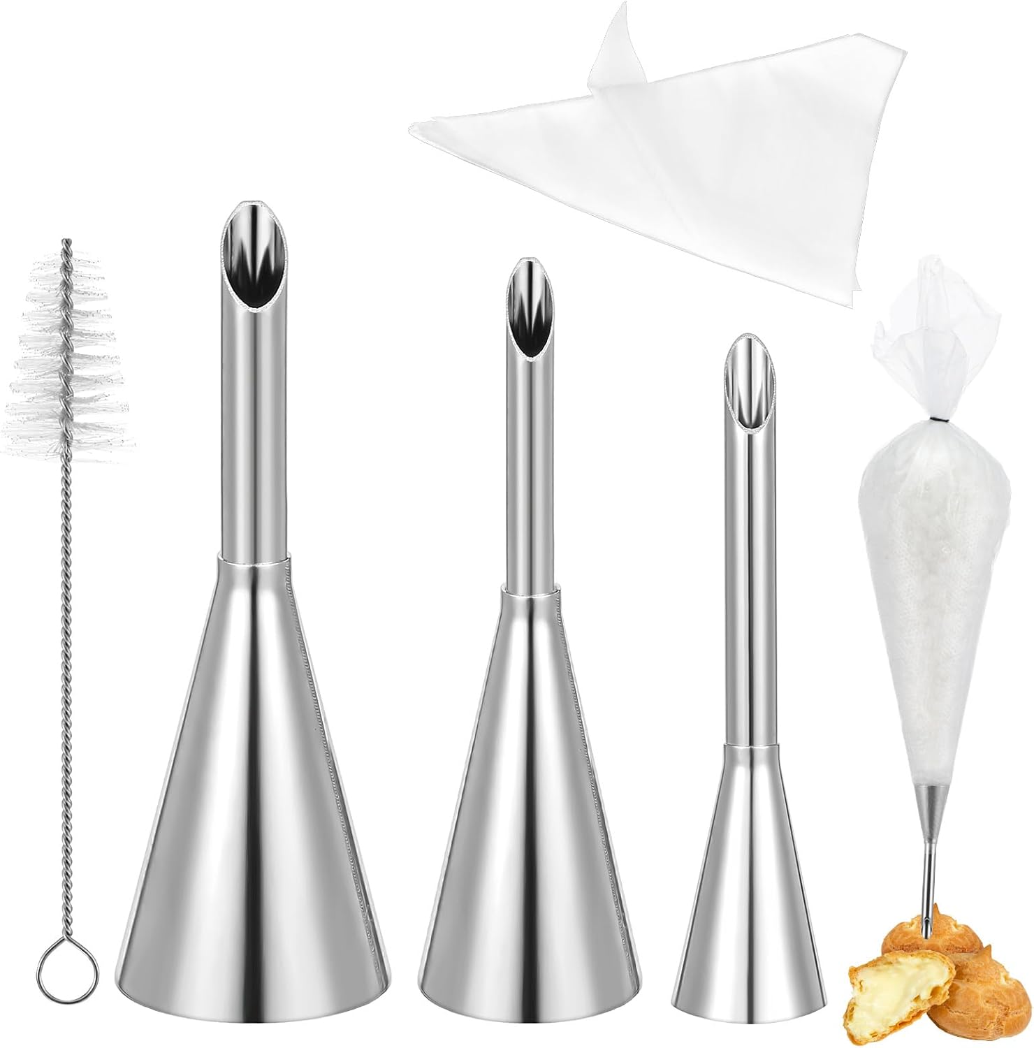 Puff Cream Filling Piping Tip 3 Pcs, Long Puff Nozzle Tips & 50 Disposable Pastry Piping Bags with Injector Tip Cleaning Brush for Donuts Cupcakes Cream Puffs Eclairs