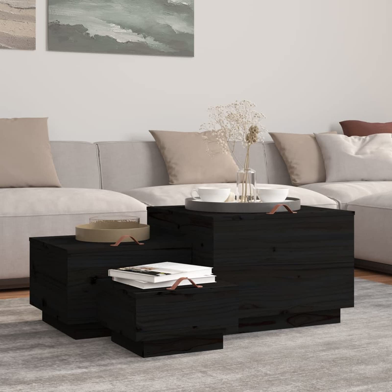 Homgoday Cajas de almacenaje con Tapa 3 pzas Madera Maciza Pino Negro Baúl de Almacenamiento para Jardín Baúl Exterior para Patio y Terraza