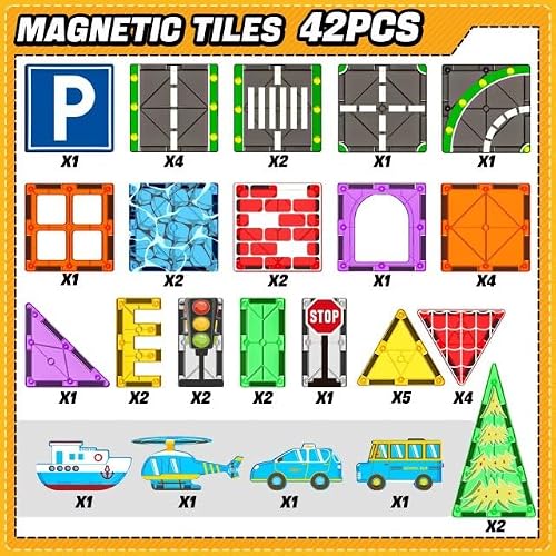 Magnetic Tiles Road Set with Car Magnet Building Tile Toys for Kids Ages 3-5 4-8 5-7 Magnetic Blocks Expansion Pack STEM Construction Toys for 3 Year Old Boy Girl Toddler Christmas Birthday Gift 42pcs