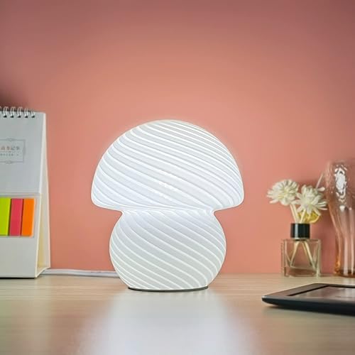 CometMars Mushroom lamp, Glass Table Lamp Translucent Vintage Style Striped Night Light，3 Colors Adjustable LED Small Nightlight for Bedroom, Bedside, Living Room, Home Decor (Glass-White)