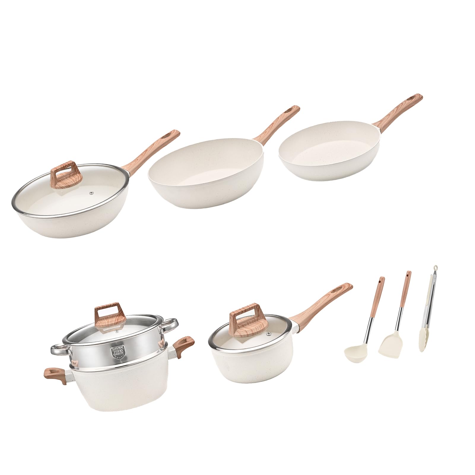 Juego de ollas y sartenes antiadherentes, utensilios de cocina con sartén, cacerola, sartén, tapa, cucharón, cuchara, pinzas, blanco, fácil de limpiar, calentamiento uniforme, diseño que