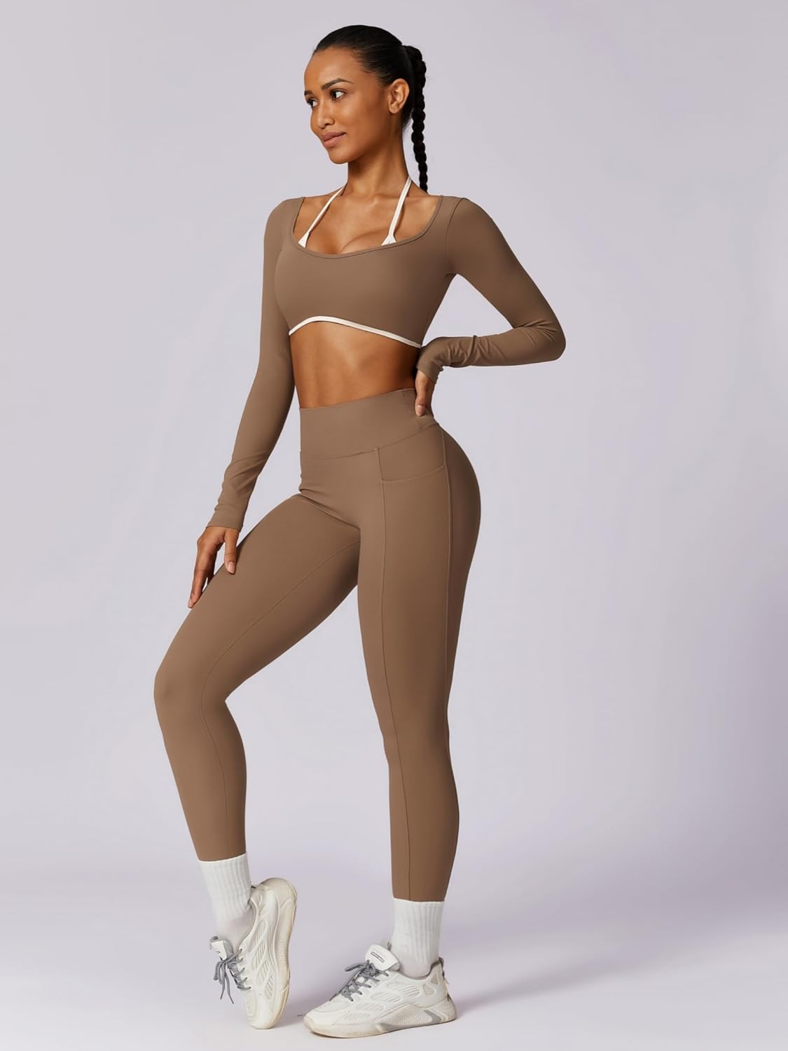 ABOCIW Workout Sets for Women Long Sleeve Crop Top Scrunch Butt Lifting High Waist Leggings with Pockets 2 Piece Outfits - Image 4