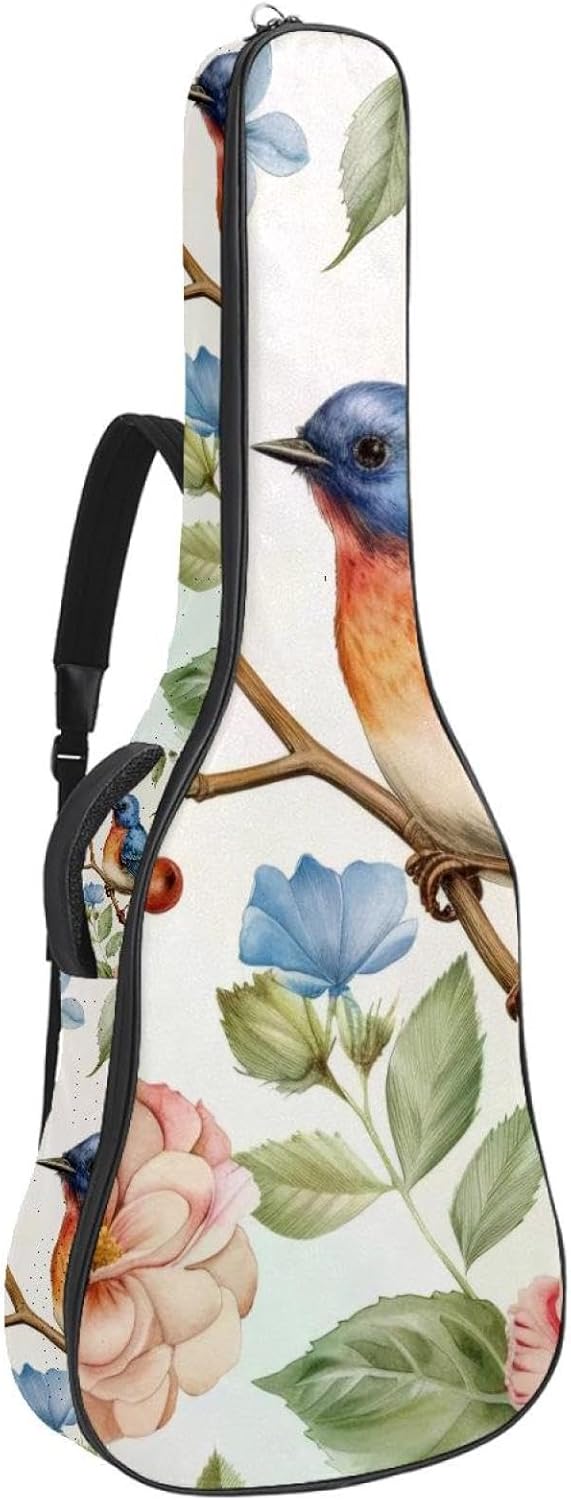 Acoustic Guitar Gig Bag 1 cm Thick Padding, Waterproof Electric Guitar Bag 40-42 Inch Guitar Case Backpack with Dual Shoulder Strap, Watercolor Natures Floral Bird and Butterfly