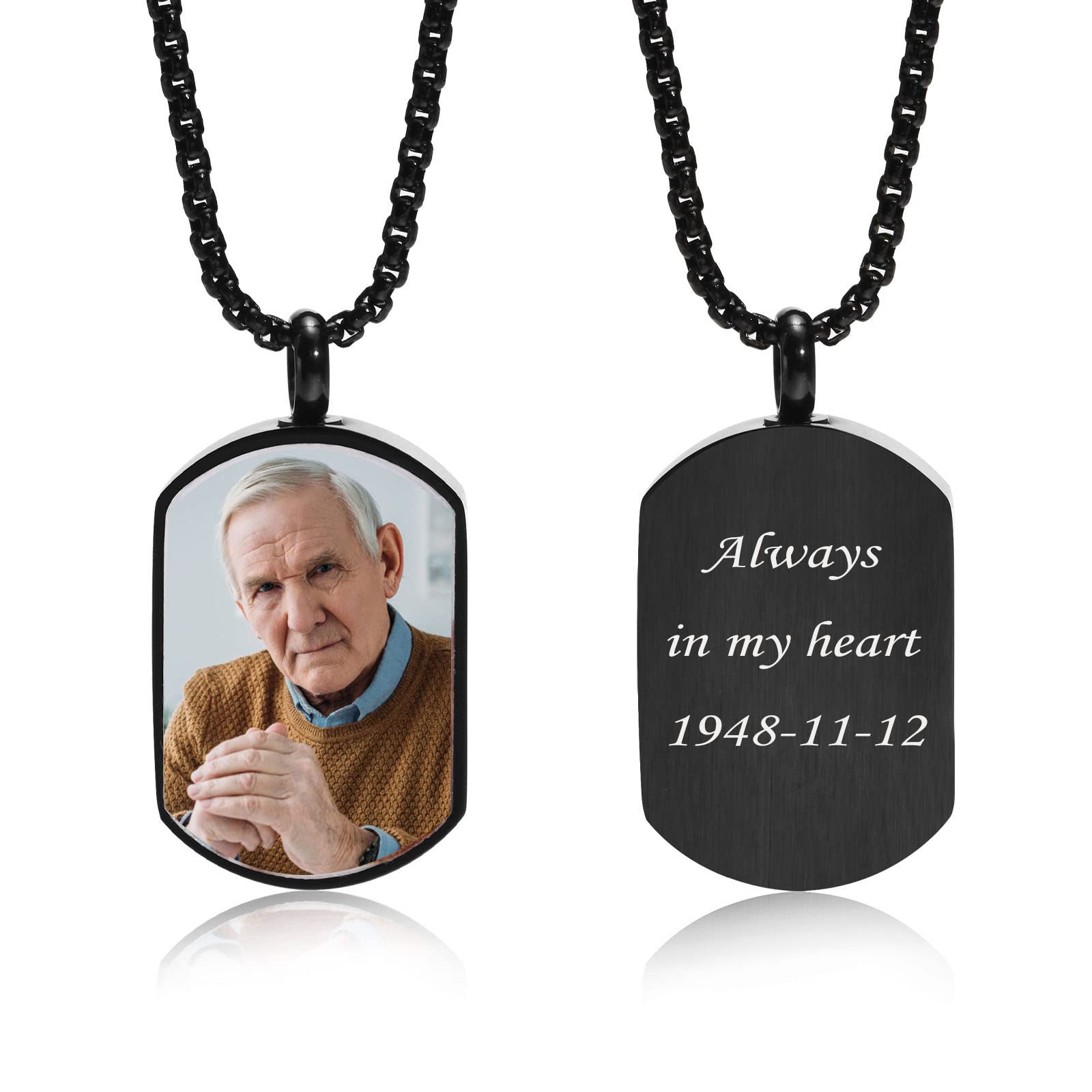 Personalised Urn Necklace for Ashes - Custom Engraving Photo & Text Cremation Urn Pendant Necklace with 24" Chain, Loss of Pet Dad Mom Family, Customised Keepsake Memorial Jewellery Gift