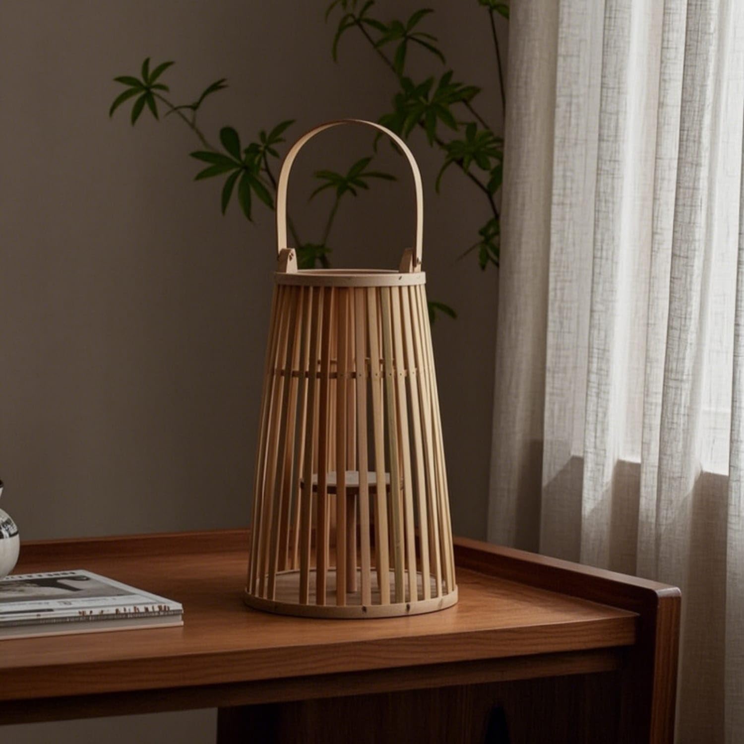 Slatted Lantern with Electronic Candle Tapered Bamboo Lantern