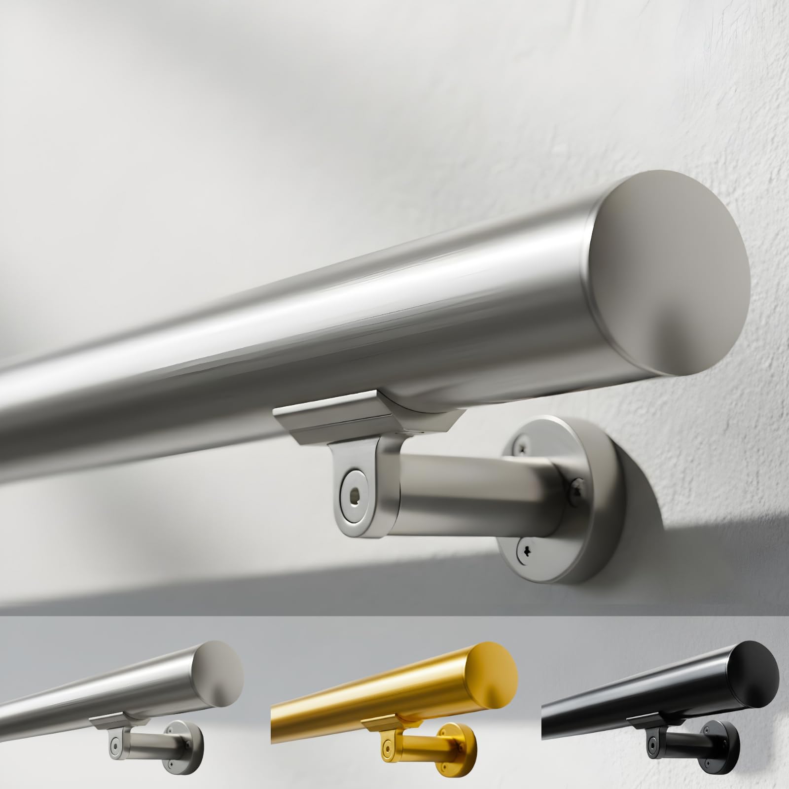 9FT Aluminum Handrail Kit for Indoor/Outdoor Stairs (2–18 FT Available) 1.6" Round Wall Mount Stair Railing, Stainless Steel Look, with Adjustable Steel Brackets Complete DIY Grab Bar Kit ARESSCORP