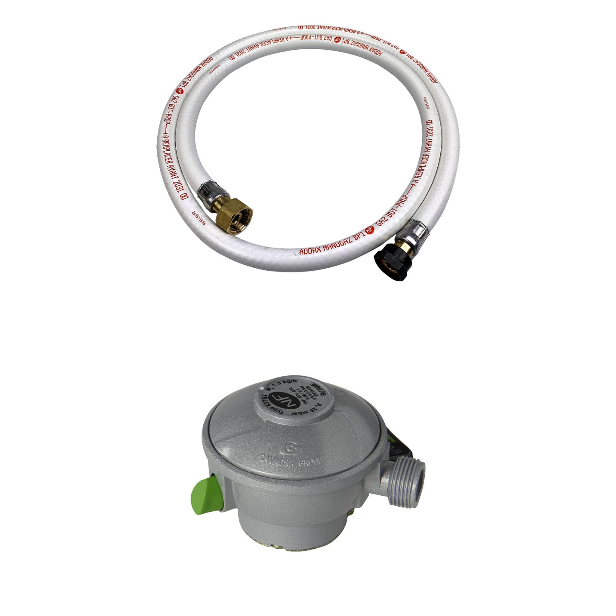 Alice's Garden - Kit Tuyau Flexible de gaz 1.5 m à Embouts mécaniques + Détendeur Quick-​on Ø27mm Butane 28mbar 1.3kg/​h. raccord Rapide – Normes NF