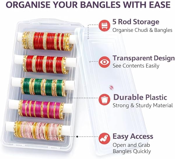 Arts Of India Bangle Box For Women,Boxes For Storage Plastic Big Size,Jewellery Box For Travelling,Bride,Poratble Chudi Organizer For Travel,Transparent Organiser. (5 RODS) by Arts Of India - Image 6