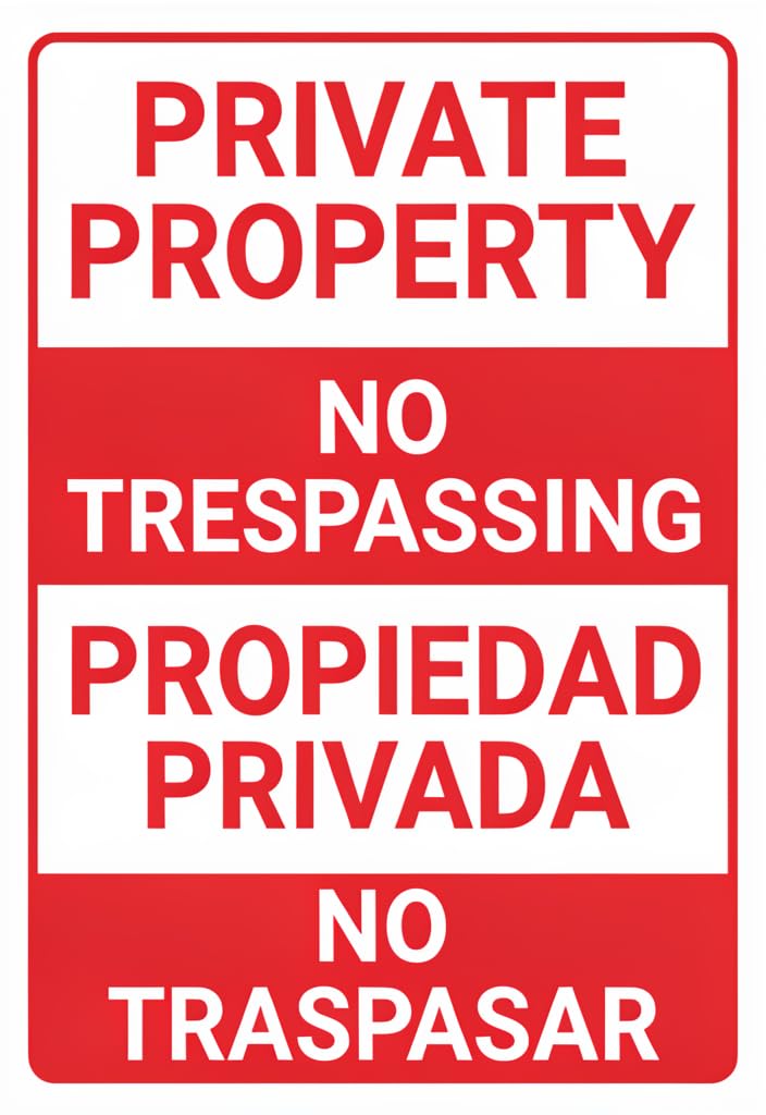 peiyeety Private Property No Trespassing Tin Sign 12x8 Inch, Bilingual English/Spanish Propiedad Privada No Traspasar Metal Warning Sign, Red & White Outdoor/Indoor Wall Decor for Home, Fence, Gate