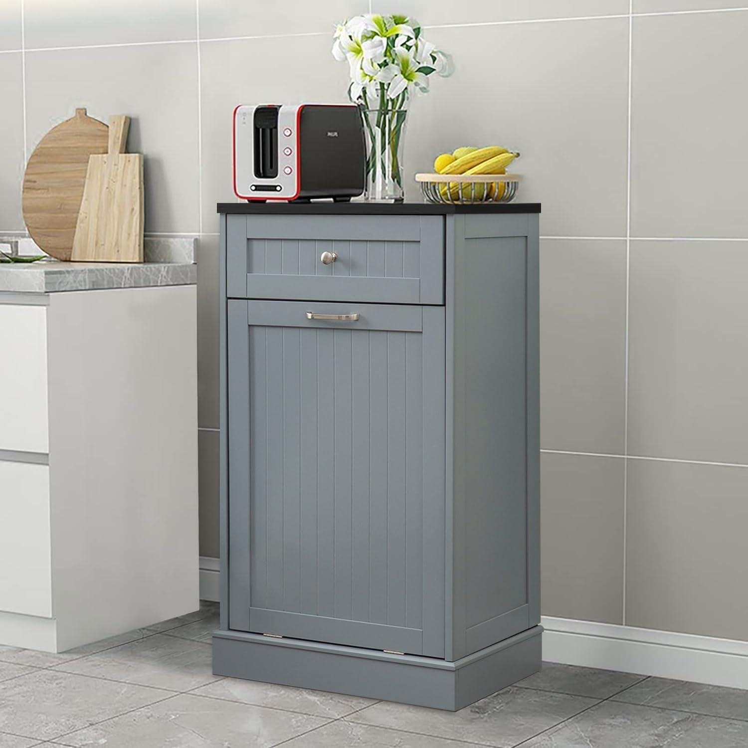 (BROKEN)GAZHOME 10 Gallon Tilt Out Trash Cabinet, Upgrade Wooden Free Standing Trash Cabinet,Recycling Cabinet with Hideaway Drawer(Gray)