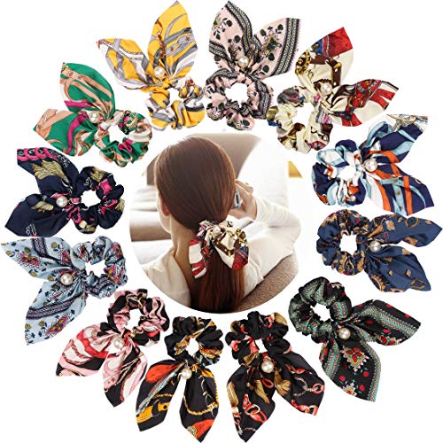 TOBATOBA 12 Pack Hair Scrunchies Chiffon Big Bow Elastic Hair Bands Bunny Ears Bowknot Pearls Hair Ties Ponytail Holder Silk Scrunchies Hair Accessories for Women