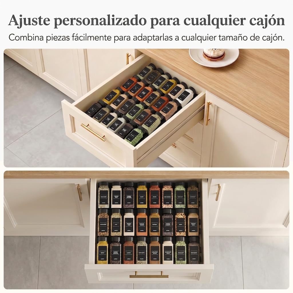 Lifewit Especieros para Cajones Cocina 24 Piezas con 24 Botes, Organizador de Especias Ajustable y Combinable para La Mayoría de Los Cajones, Estante antideslizante para Despensa y Encimera, Negro