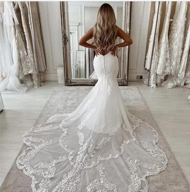 Laces Applique Tulle Wedding Dresses for Bride Bodycon Backless Long Boho Bridal Dress Mermaid with Train3