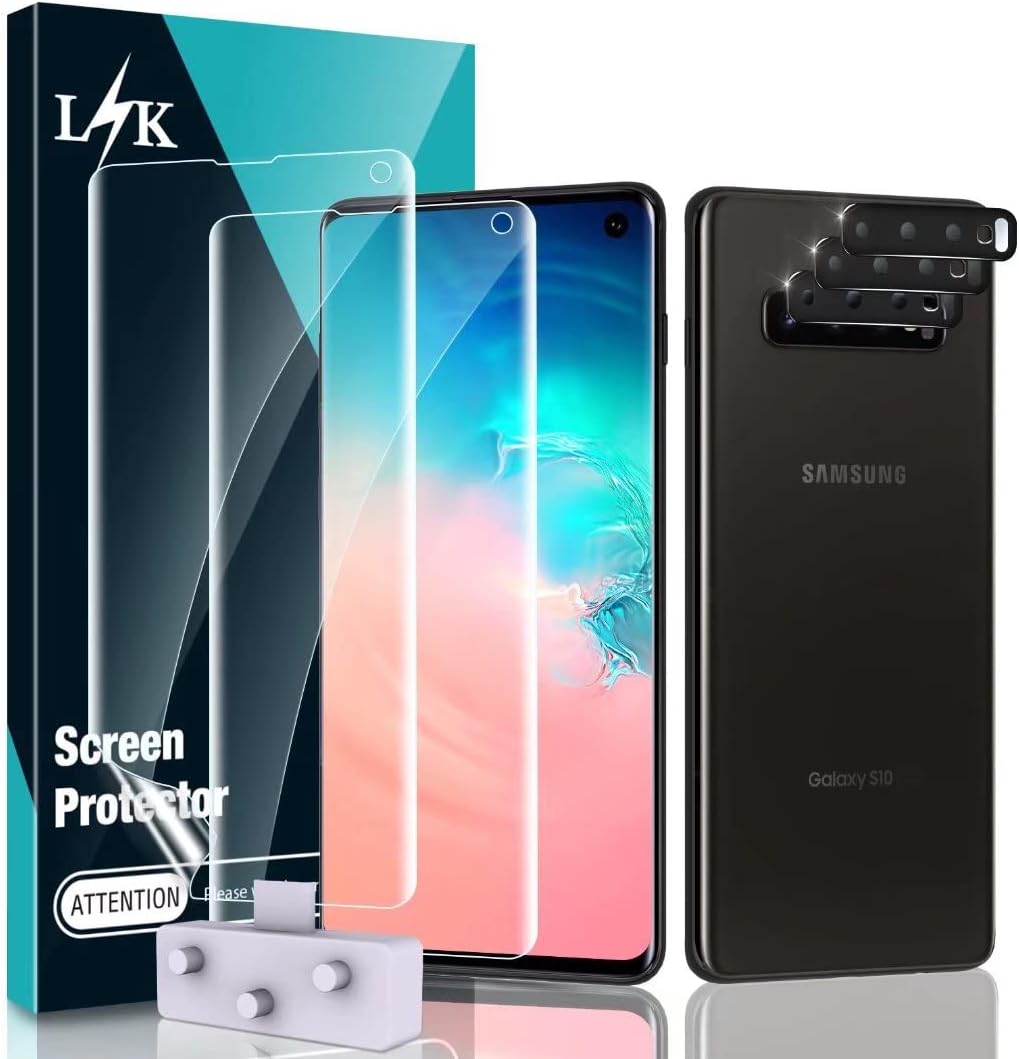 [2+3 Pack] LϟK Designed for Samsung Galaxy S10, 2 Pcs Flexible TPU Screen Protector + 3 Pcs Camera Lens Protector, [Fingerprint Support] Locate Tool Precise Alignment, Only for Galaxy S10