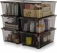 WYT 5-Quart Stackable Plastic Storage Bins with Secure Latch Lids, Black Clear, Durable Nestable Containers, 6-Pack for Closet Organization