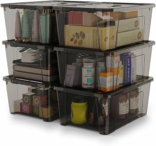 WYT 5-Quart Stackable Plastic Storage Bins with Secure Latch Lids, Black Clear, Durable Nestable Containers, 6-Pack for Closet Organization