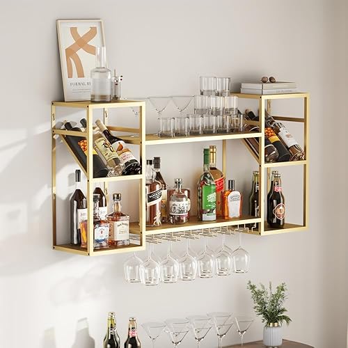 KaKaBB Estantes flotantes de metal para licor de 2 niveles, estante de vino montado en la pared con soporte para vidrio, estante de barra de pared,