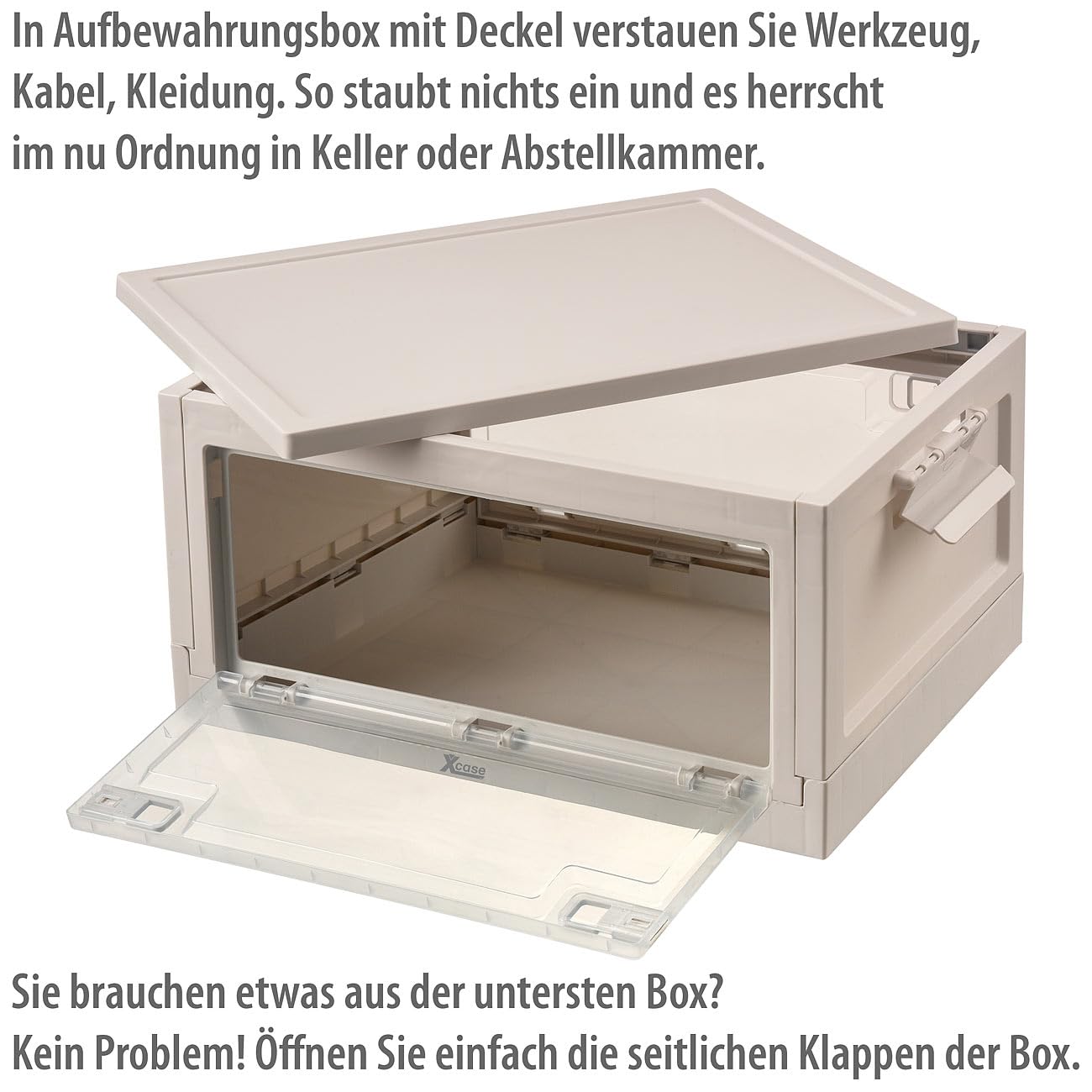 Xcase Stapelboxen: 4er-Set Faltbare Aufbewahrungsboxen mit Deckel, 4 Rollen, 45 l, weiß (Aufbewahrung Boxen mit Deckel, platzsparende Aufbewahrungsboxen, Regal)