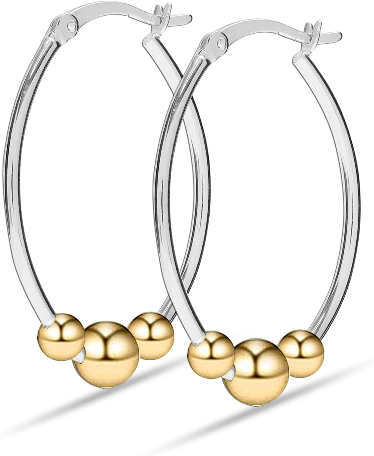 LeCalla14K Gold-Plated Real 925 Sterling Silver Light-Weight Round Thin Tube Two-Tone Ball Beaded Hoop Earrings for Women TeenRecycled Claim Standard 100