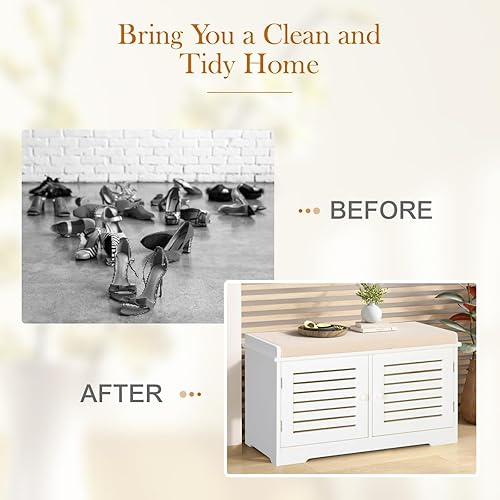 Miniatura 32 de MFSTUDIO Banco de almacenamiento de zapatos, banco de zapatos con armario de puerta de granero, 9 compartimentos abiertos, cojín de asiento,