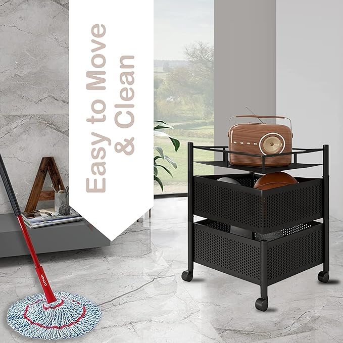 Image of KITCHIVO Kitchen Storage Rack | Revolving Vegetable Rack | Square Multipurpose Storage Trolley with Wheels | Metal Fruit Rack (Black, 2 Layer)