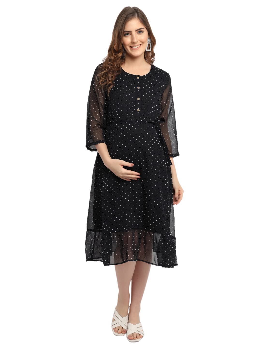 moms maternity Women's Georgette Maternity Midi Dress/Polka Print Pregnancy Dress/Polka Easy Breast Feeding Dress/Western Dress with Buttons for Nursing Pre and Post Pregnancy-picture-29
