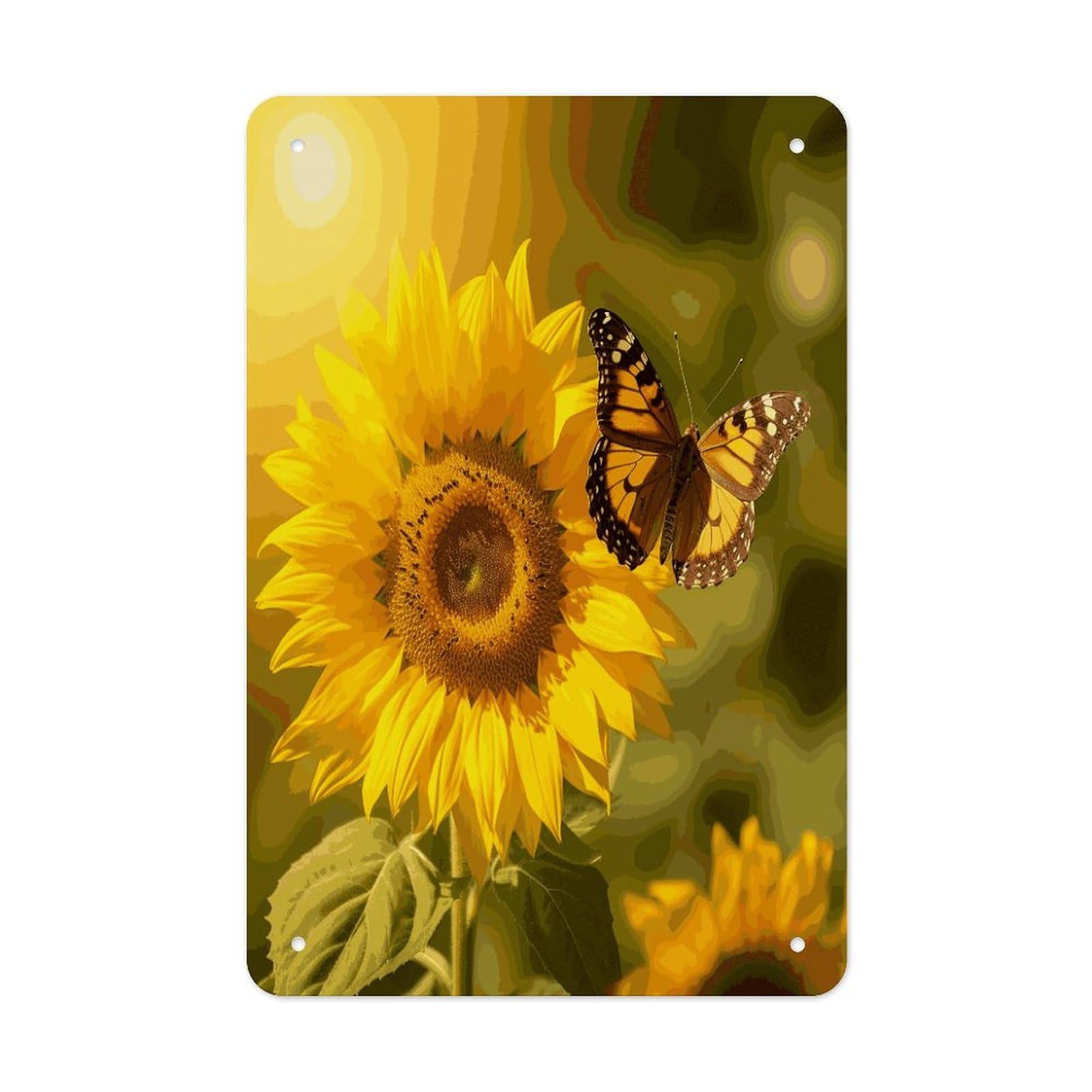 LDGSUPH Sunflower Butterfly Sunny Wall Art Prints Folded Edge Iron Sheet Painting with Holes for Wall Prints Decorative Picture Metal Signboard Decor Painting for Outdoor Indoor Wall Decor