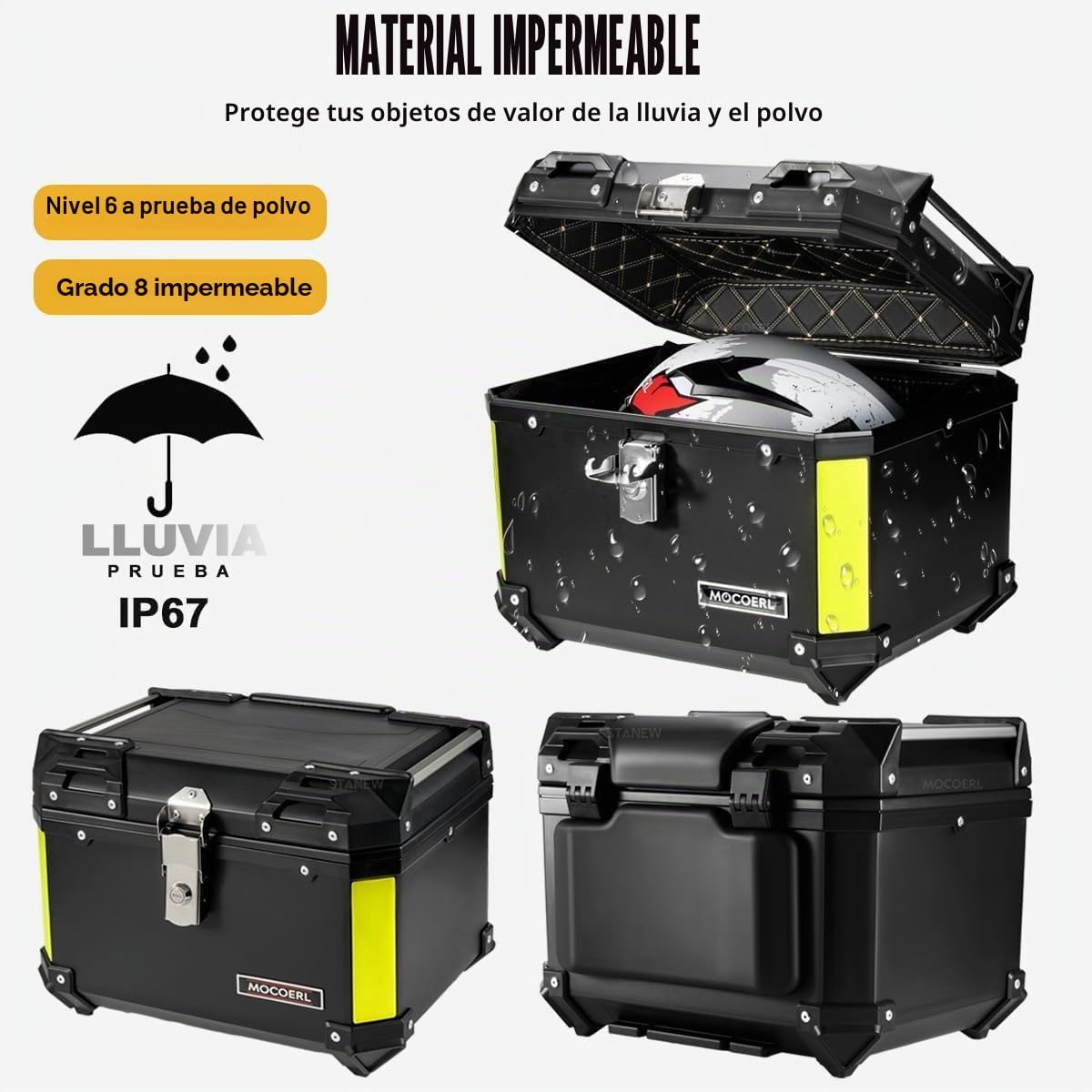 MOCOERL Maleta para Moto 45L, Baul Moto ABS, Gran capacdad, Resistente al Agua, portaequipajes, maletin, motocceta, Caja defijacion Universal Negro (E-570)